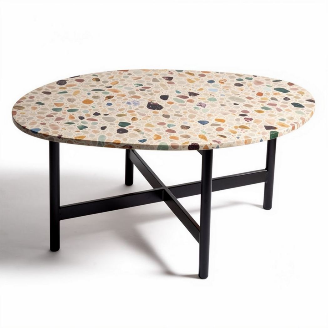 Terrazzo coffee table with black metal legs and oval surface 100 x 60 x 45cm