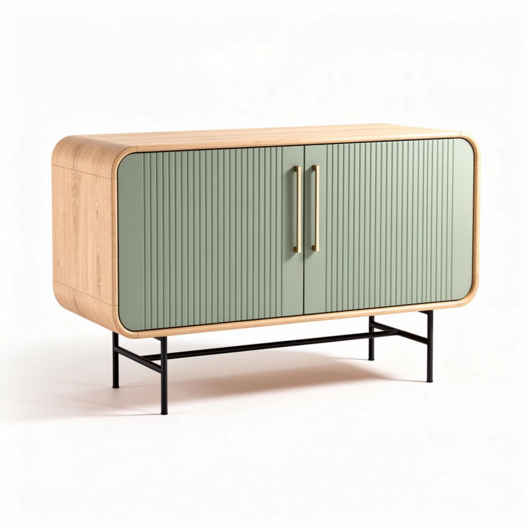 Modern sideboard with green ribbed doors and oak finish 80 x 40 x 60cm