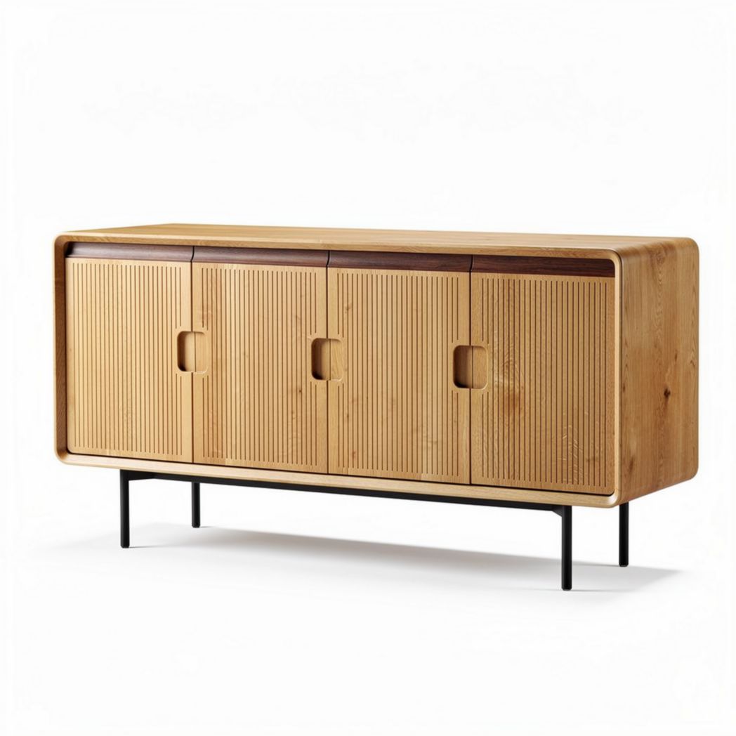 Wooden sideboard cabinet with four doors and metal legs in natural finish