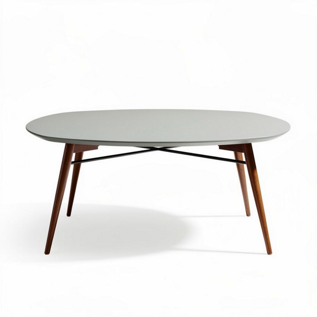 Oval coffee table with wooden legs and gray top 180 x 90 x 75cm