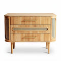 Natural wood storage cabinet with rattan accents 80 x 40 x 70cm