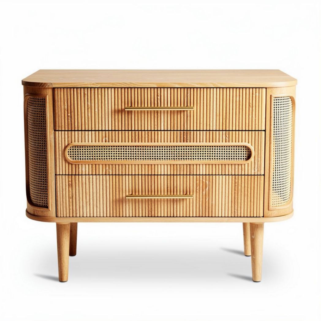 Natural wood storage cabinet with rattan accents 80 x 40 x 70cm