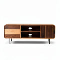 Wooden media console table with storage space and metal legs 120 x 40 x 45cm