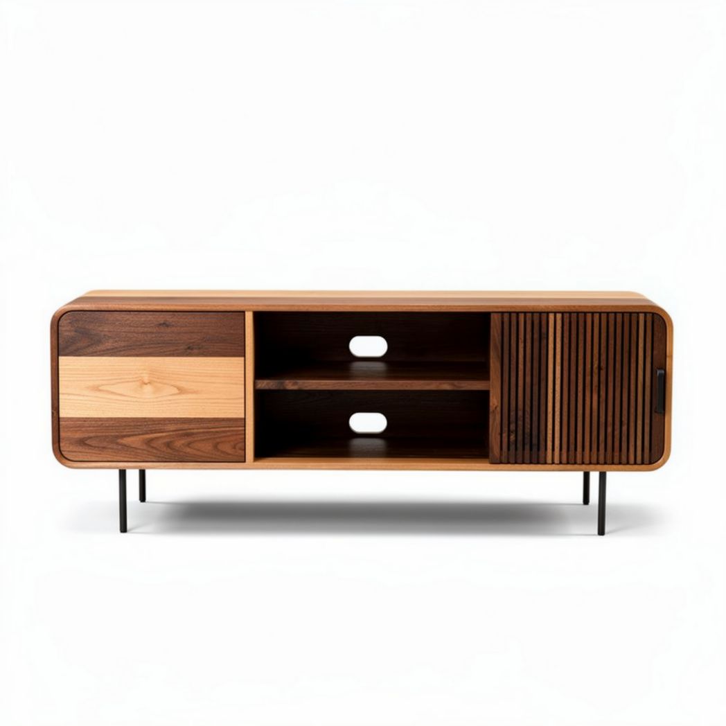 Wooden media console table with storage space and metal legs 120 x 40 x 45cm