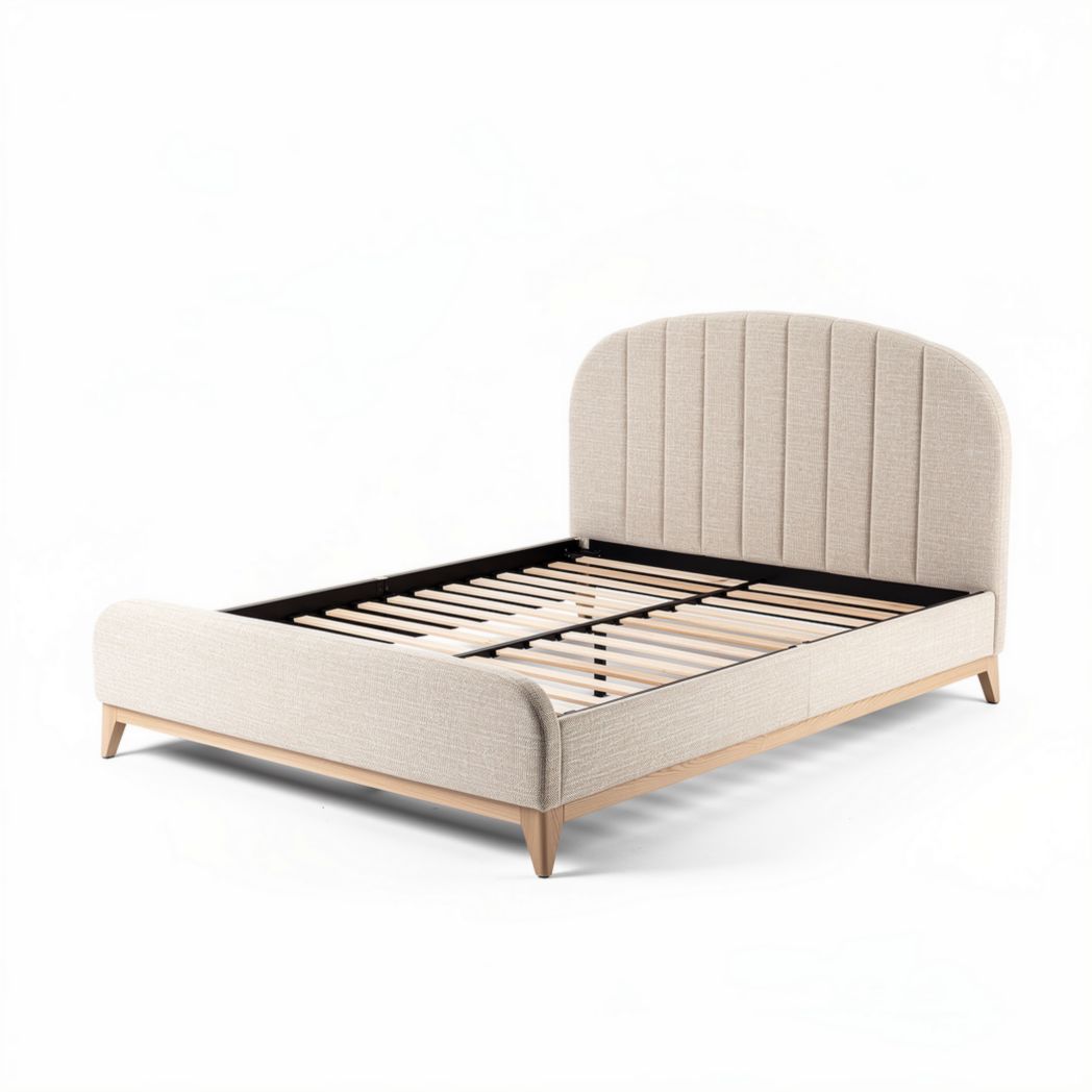 Fabric upholstered bed frame with wooden slats and mid-century design 200 x 160 x 100cm