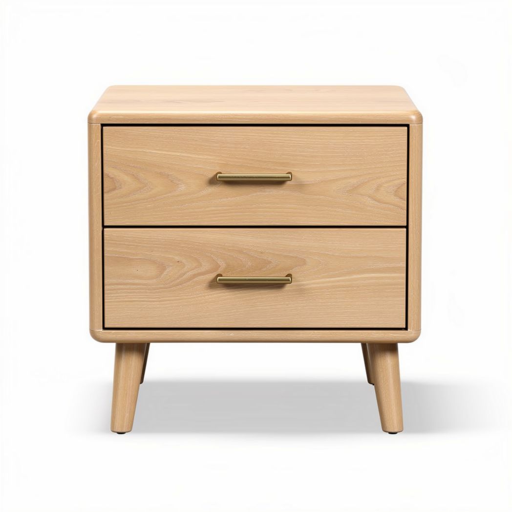 Wooden nightstand with two drawers and gold handles measuring 50 x 40 x 40cm