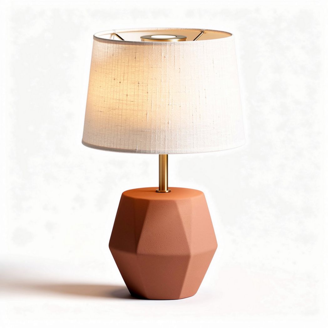 Geometric terracotta table lamp with cream fabric shade 30 x 30 x 45cm