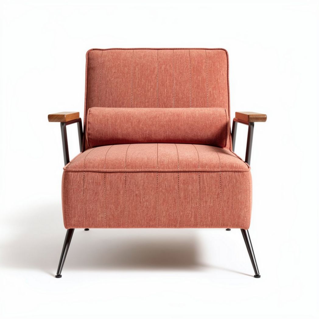 Fabric lounge chair with wood armrests and metal frame in coral red 80 x 75 x 85cm