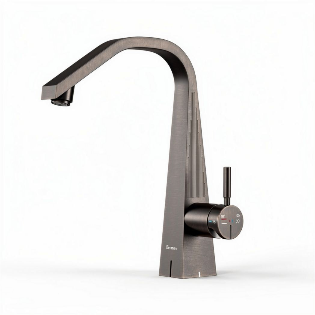 Brushed stainless steel kitchen faucet with single handle control and pull-down sprayer