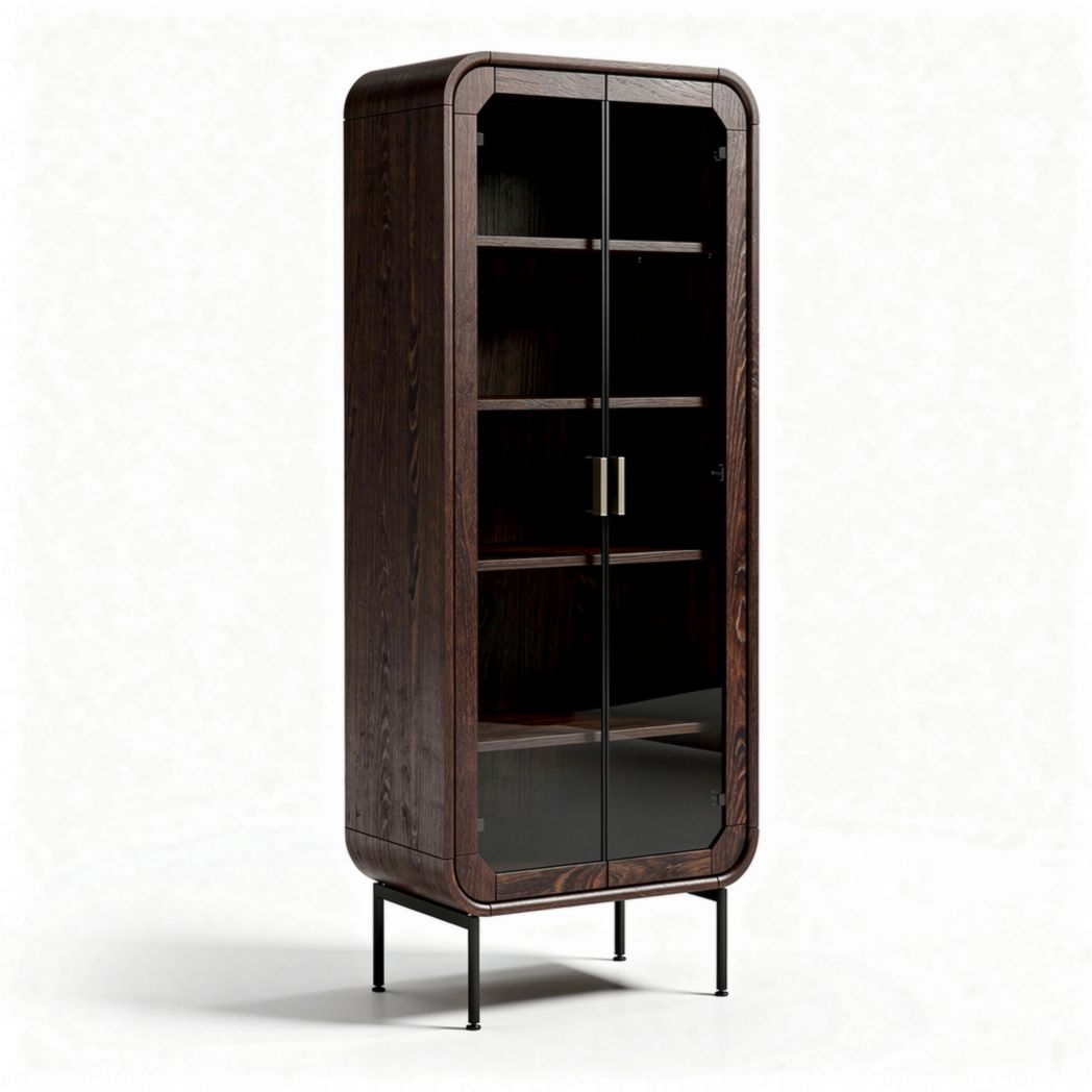 Dark wooden display cabinet with glass doors and adjustable shelves 60 x 30 x 150cm