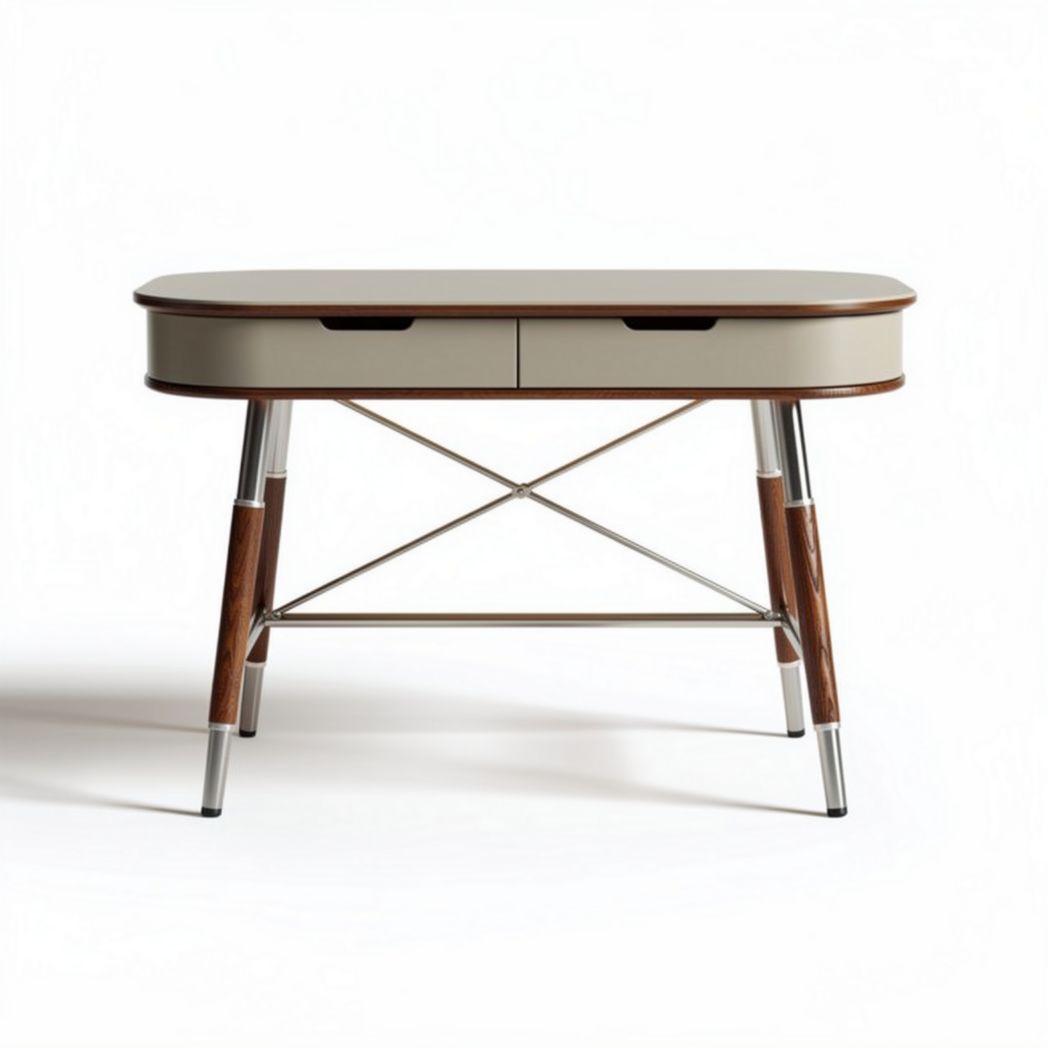 Mid-century modern desk with two drawers and wooden metal legs 140 x 60 x 75cm